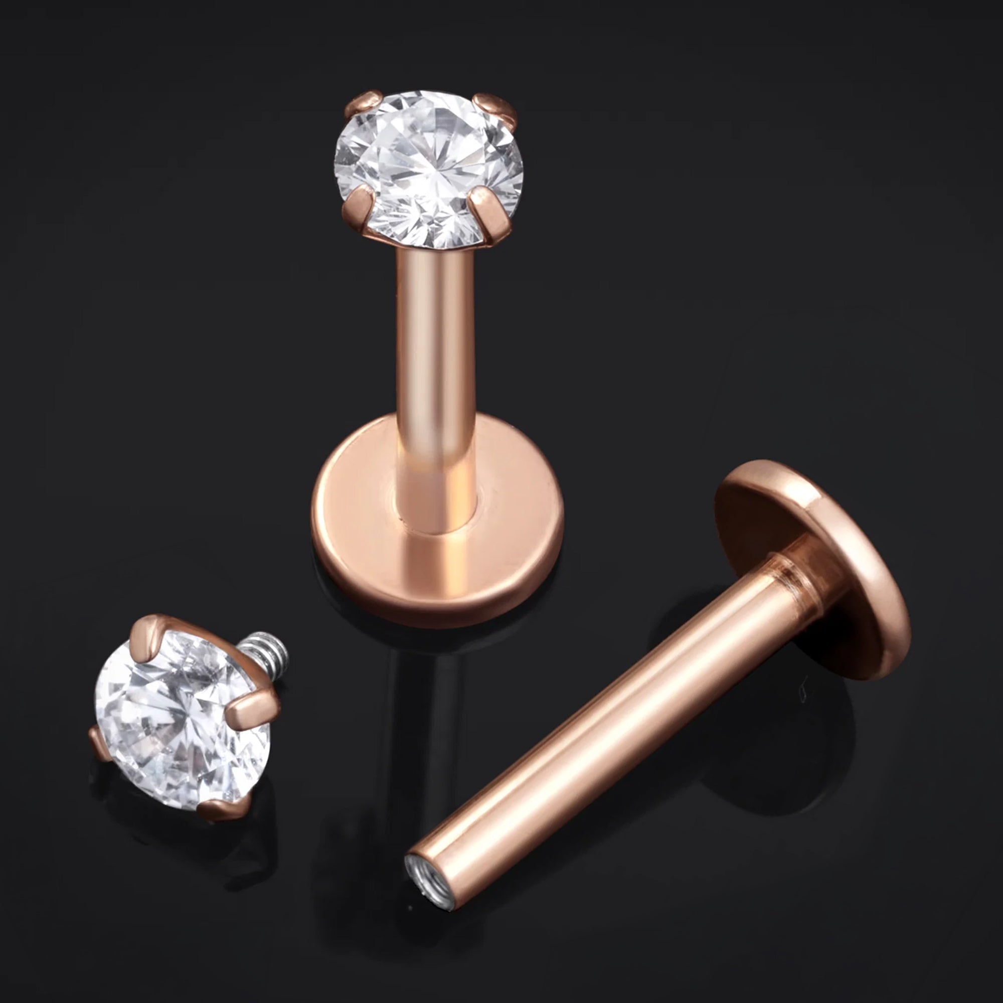 Labret Stud, Rose Gold, Clear Gem, Internal Thread, Titanium, 1.2mm