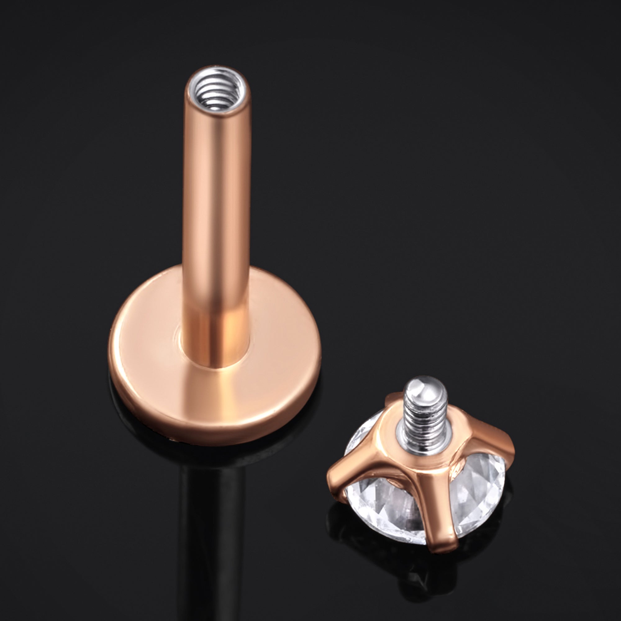 Labret Stud, Rose Gold, Clear Gem, Internal Thread, Titanium, 1.2mm
