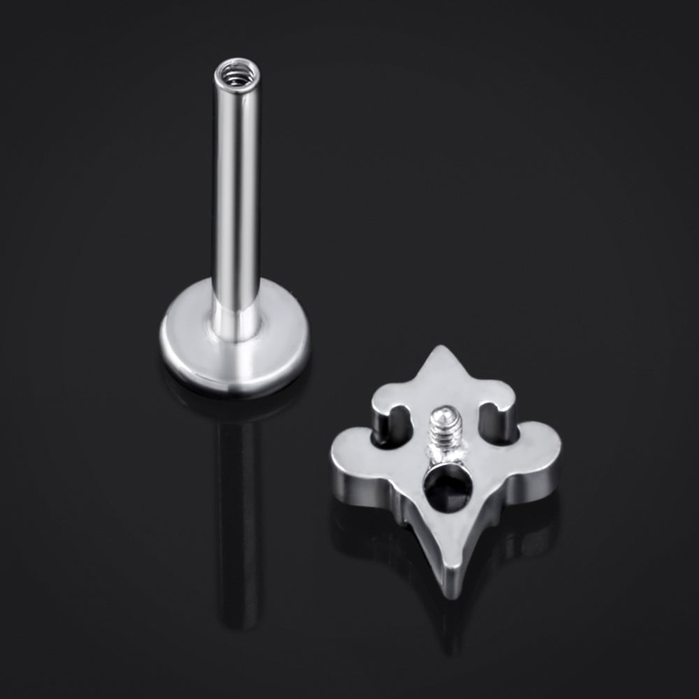 Labret Stud, Silver, Black Jewelled Fleur De Lis Lilly, Internally Threaded, Titanium, 1.2mm Gauge - Silver Fleur De Lis Lilly Labret Stud- 6mm / 8mm / 10mm Internally Threaded / Body Jewellery / Lip / Nose / Ear Labret