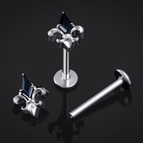 Labret Stud, Silver, Black Jewelled Fleur De Lis Lilly, Internally Threaded, Titanium, 1.2mm Gauge