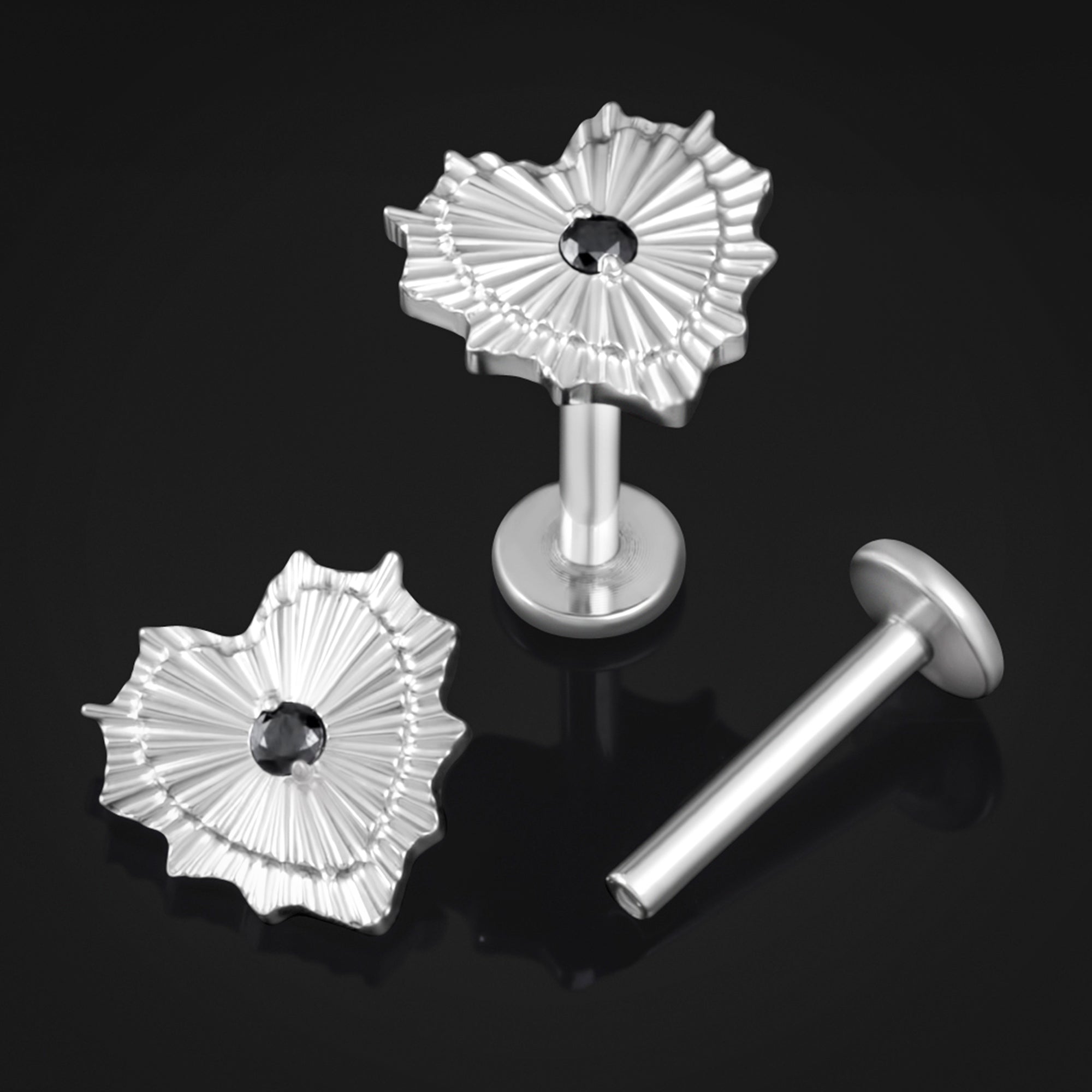 Labret Stud, Silver, Black Jewelled, Sacred Heart, Internally Threaded, Titanium, 1.2mm Gauge
