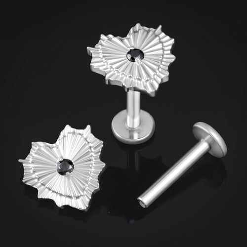 Labret Stud, Silver, Black Jewelled, Sacred Heart, Internally Threaded, Titanium, 1.2mm Gauge
