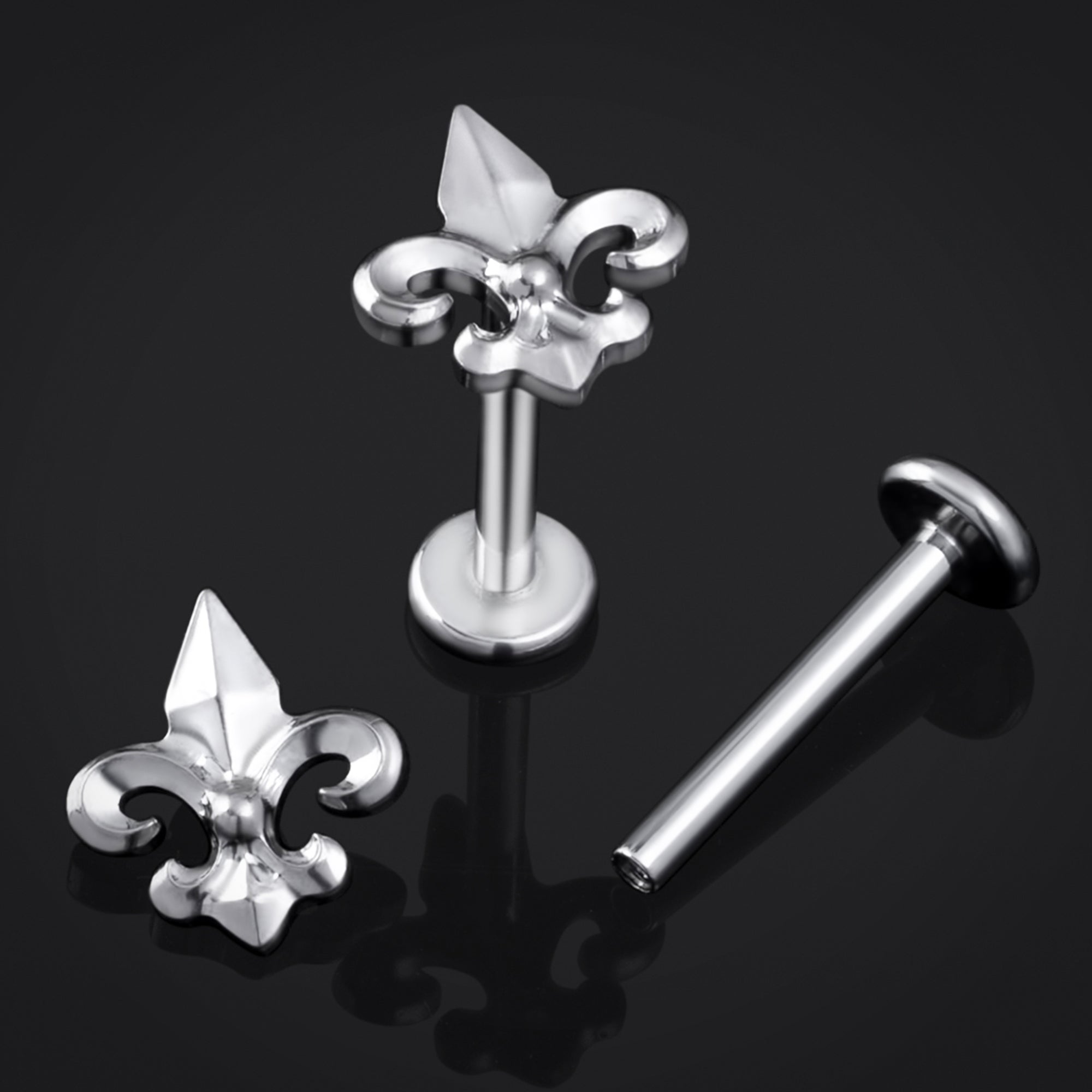 Labret Stud, Silver, Fleur De Lis Lilly, Internally Threaded, Titanium, 1.2mm Gauge