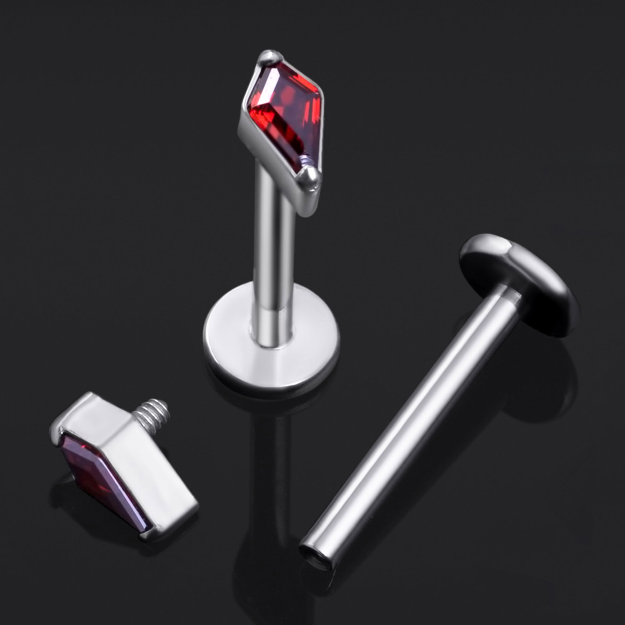 Labret Stud, Silver, Rhombus Cut with Red CZ Stone, Internally Threaded, Titanium, 1.2mm Gauge