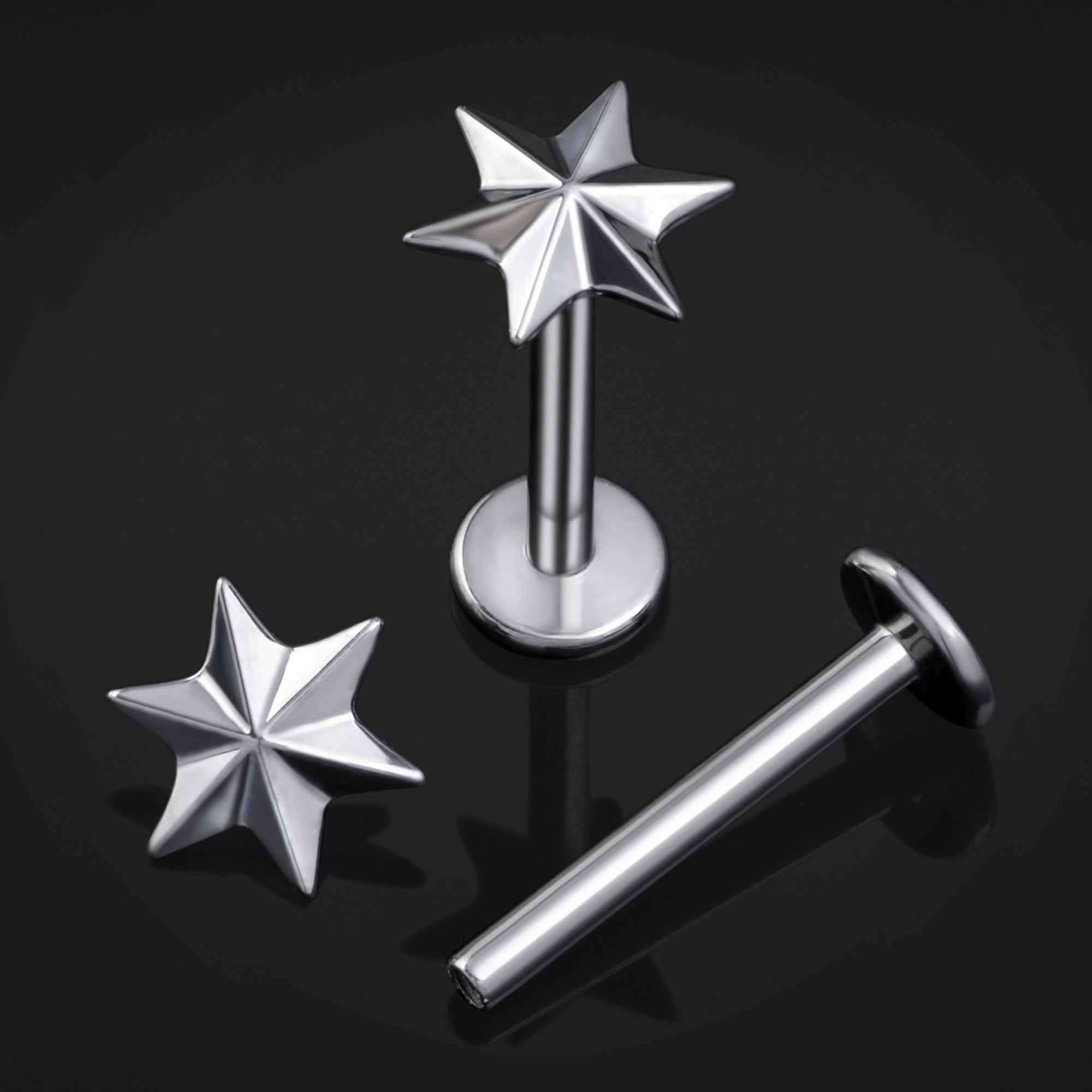 Labret Stud, Silver, Star, Internal Thread, Titanium, 1.2mm