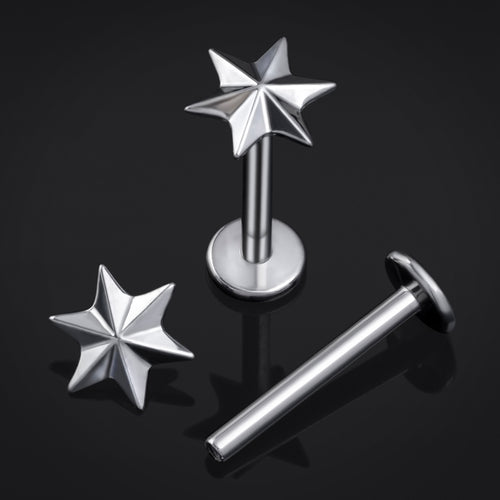 Labret-Stecker, Silber, vierzackiger Stern, Innengewinde, Titan, 1,2mm