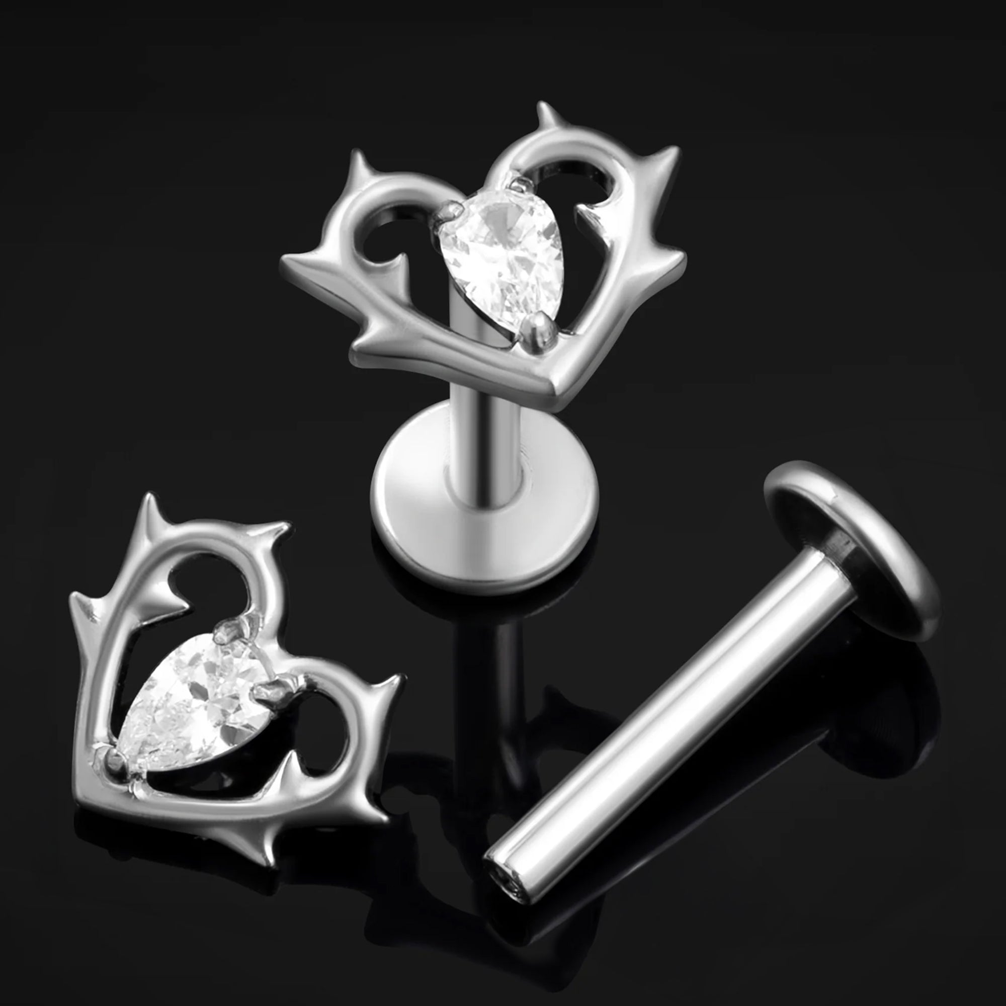 Labret Stud, Silver, Thorn Heart with Clear Jewel, Internally Threaded, Titanium, 1.2mm Gauge