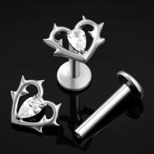 Labret Stud, Silver, Thorn Heart with Clear Jewel, Internally Threaded, Titanium, 1.2mm Gauge