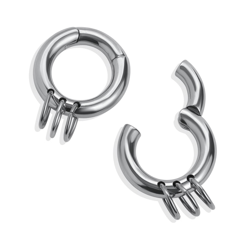 Silver Triple Ring Steel Hoop Ear Hangers - Pair