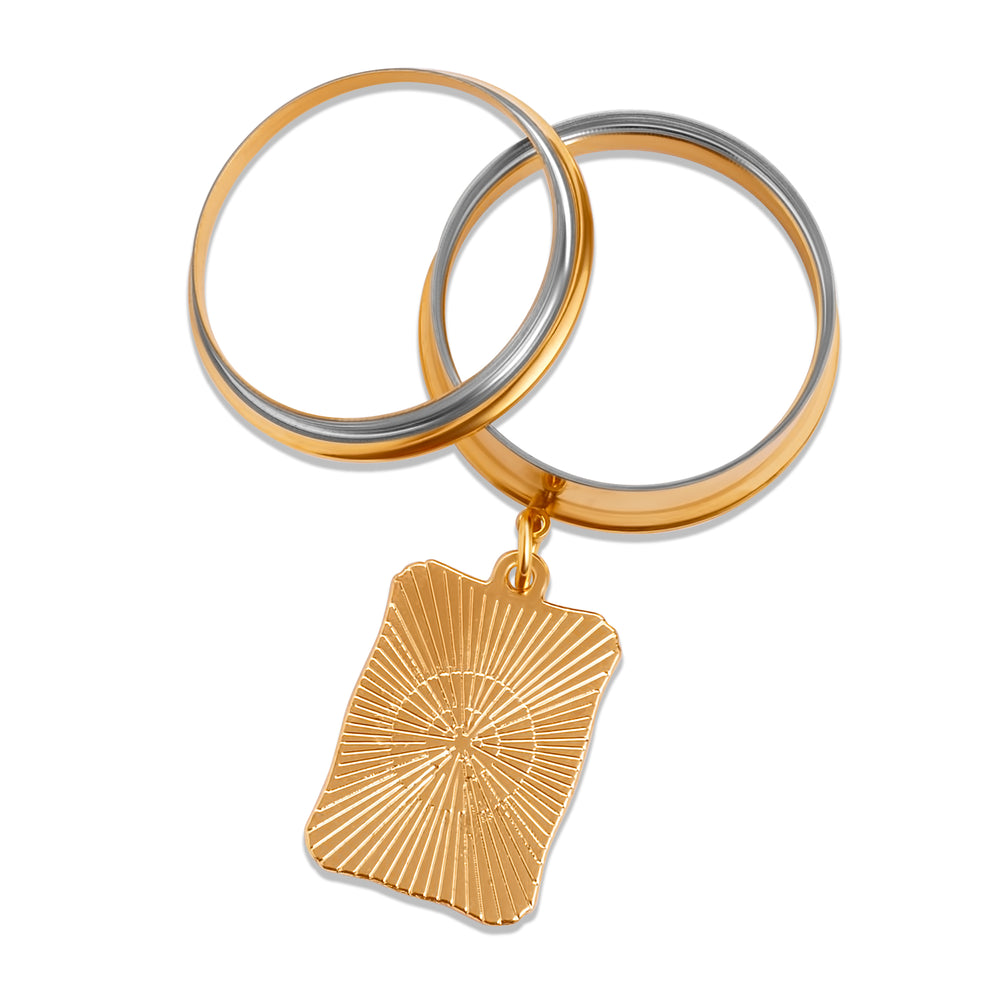 XIX - The Sun Golden Charm Gold Steel Double Flared Tunnel Dangle / Plug / Gauge - Metal Ear Plugs in 6mm (2g) - 30mm (1.18'') Gauge Sizes