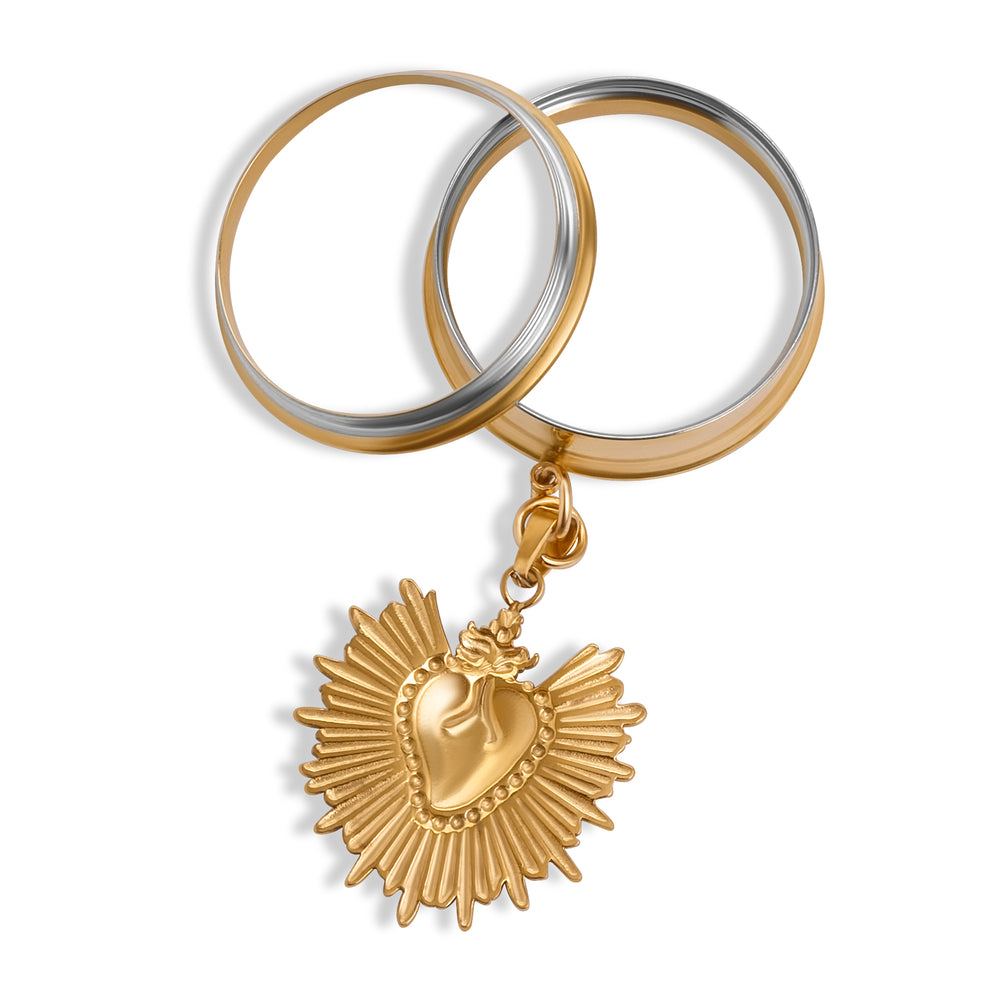 The Auric Sacred Heart Charm Gold Steel Double Flared Tunnel Dangle / Plug / Gauge