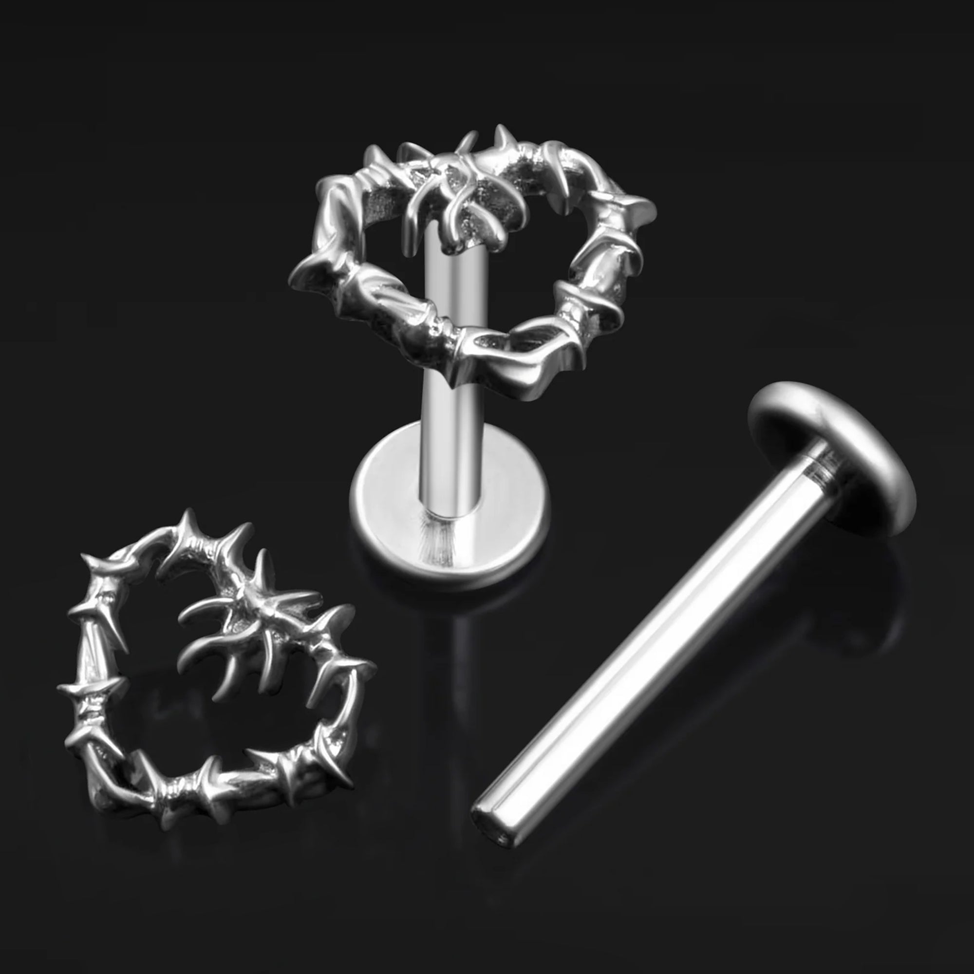 Labret Stud, Silver, Barbed Wire Heart, Internally Threaded, Titanium, 1.2mm Gauge