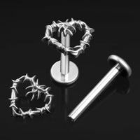Piercing labret, argent, cœur en fil barbelé, filetage interne, titane, calibre 1,2 mm