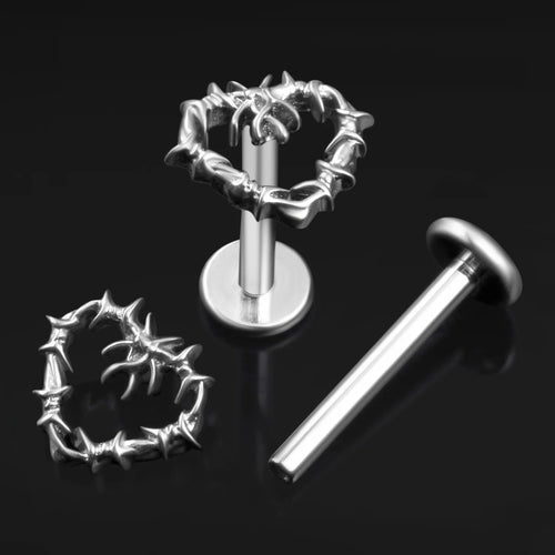 Labret Stud, Silver, Barbed Wire Heart, Internally Threaded, Titanium, 1.2mm Gauge