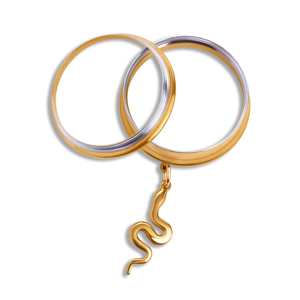 The Golden Serpent Charm Gold Steel Double Flared Tunnel Dangle / Plug / Gauge - Metal Ear Plugs in 6mm (2g) - 30mm (1.18'') Gauge Sizes