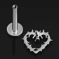 Piercing labret, argent, cœur en fil barbelé, filetage interne, titane, calibre 1,2 mm