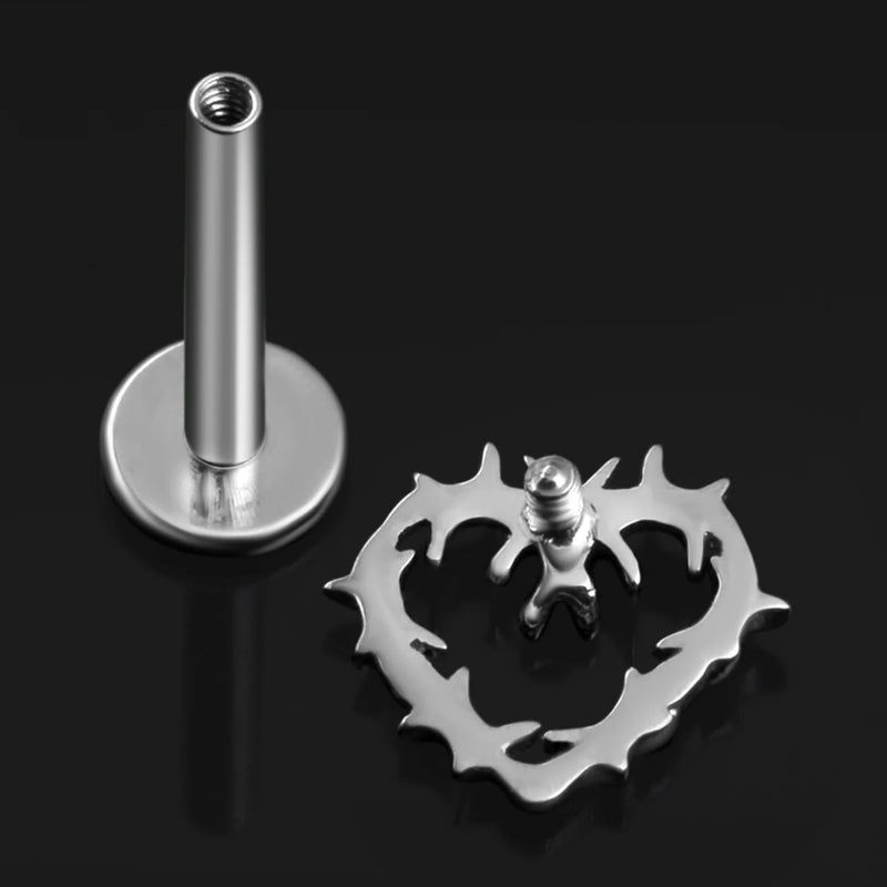 Piercing labret, argent, cœur en fil barbelé, filetage interne, titane, calibre 1,2 mm
