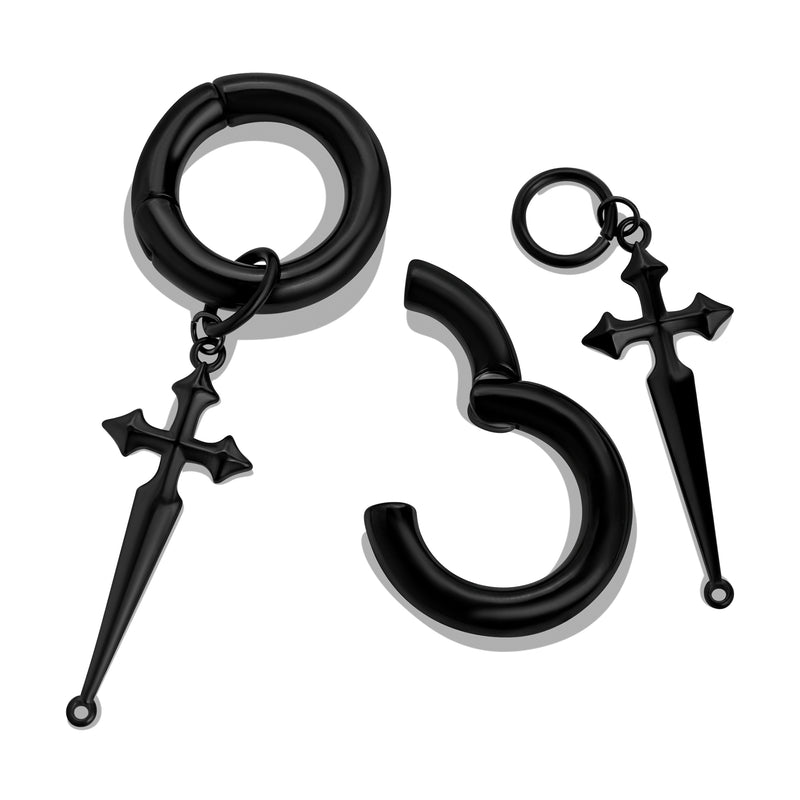 Black Steel Cross Dangle Hoop Ear Hangers - Pair
