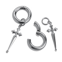 Silver Steel Cross Dangle Hoop Ear Hangers - Pair