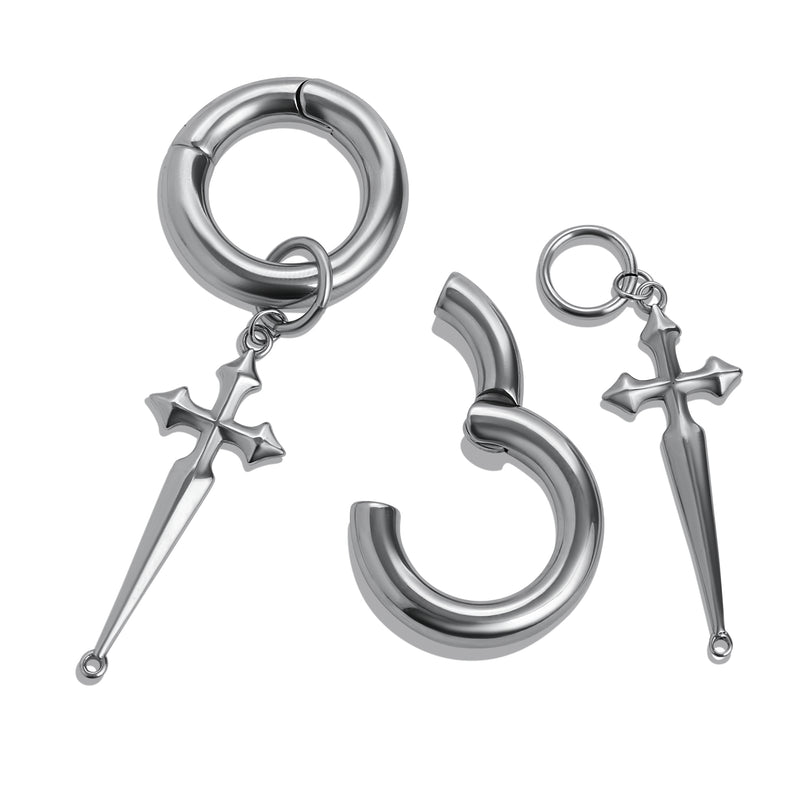Silver Steel Cross Dangle Hoop Ear Hangers - Pair