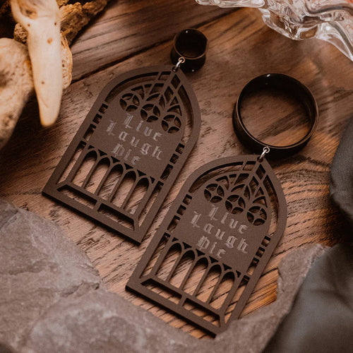 Matte Black Acrylic Gothic Window - Live Laugh Die Dangle Plugs Earrings