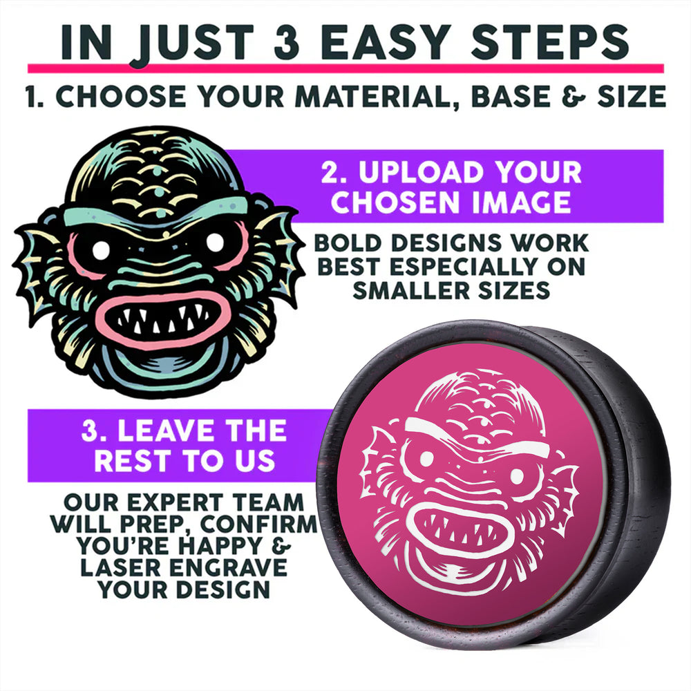 Make Your Own Plug / Gauge - Pink & White Inlay Ebony Wood | Convex Double Flare - Lasered To Order In House At Custom Plugs HQ