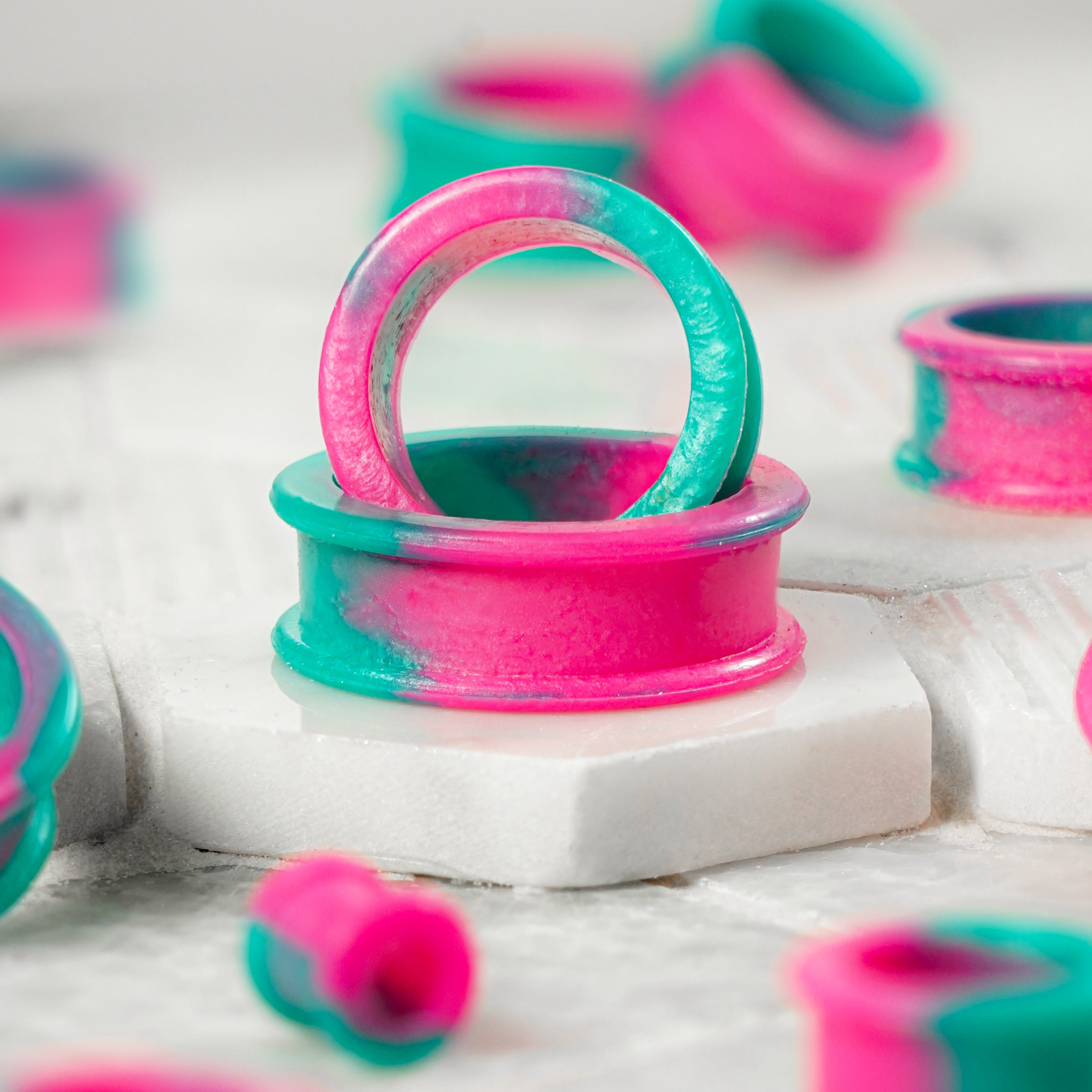 Pink & Green Marble Effect Silicone Ear Tunnel