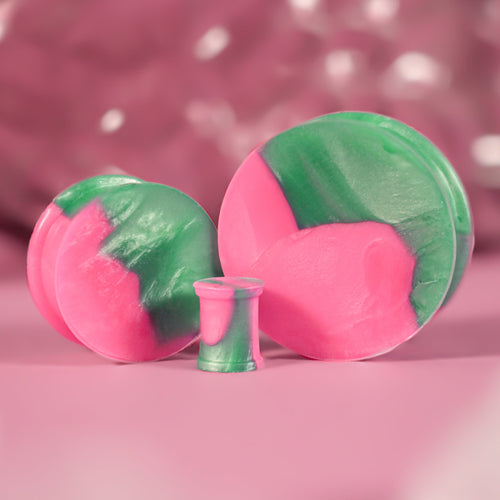 Solid Marble Pink & Green Silicone Earring Plug / Gauge