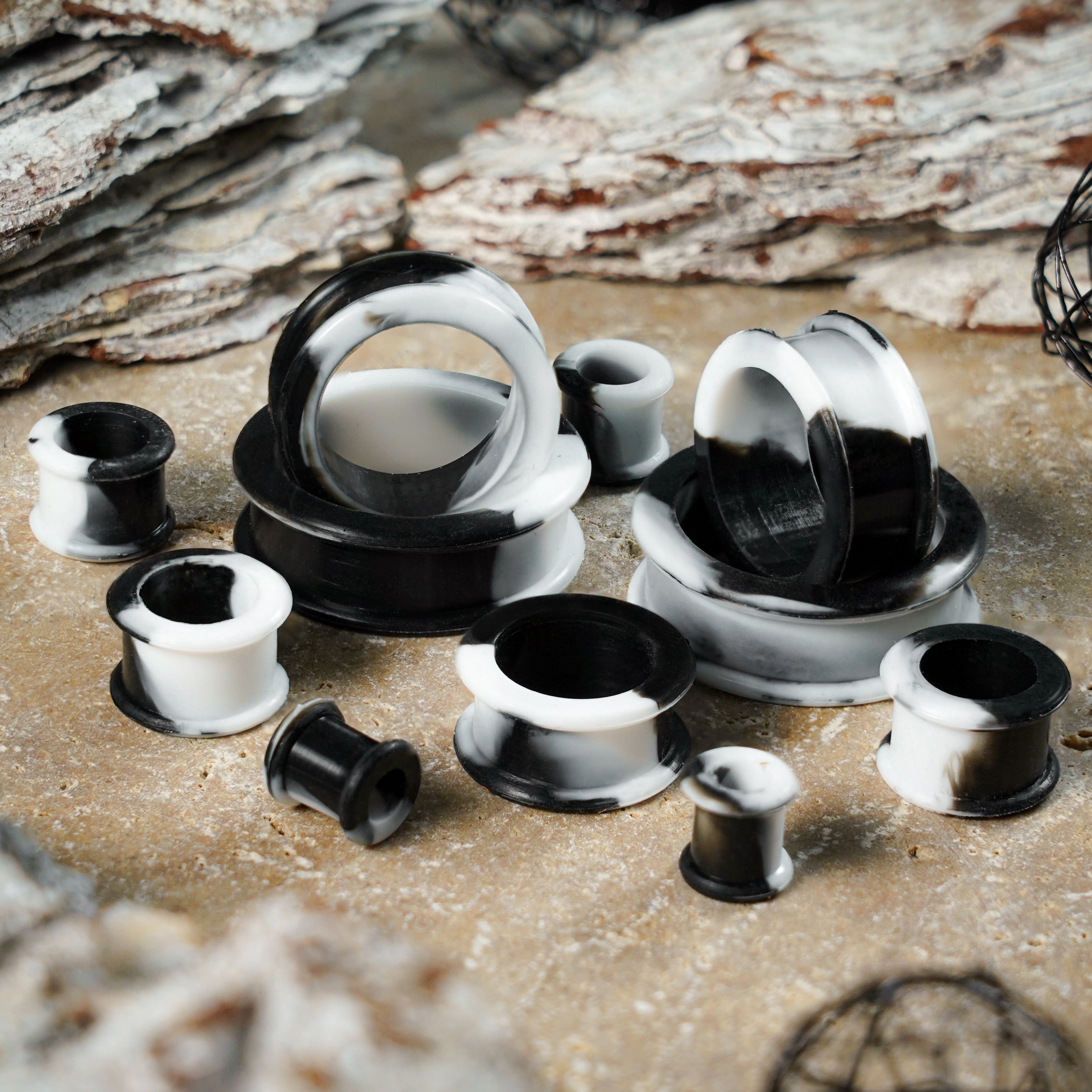 White & Black Marble Effect Silicone Ear Tunnel