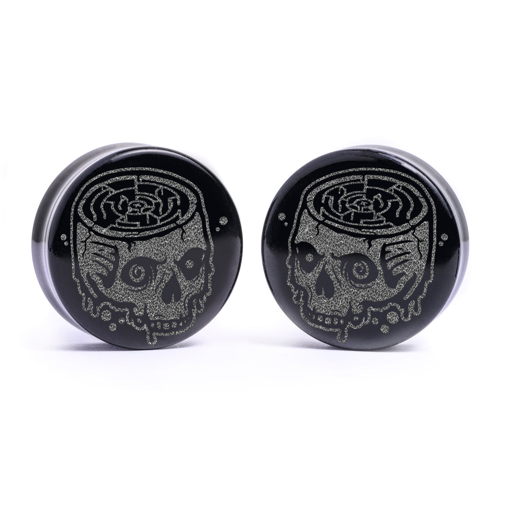 No Way Out Skull Plug / Gauge - Schwarzes Glas | Flach Gesichts Double Flare