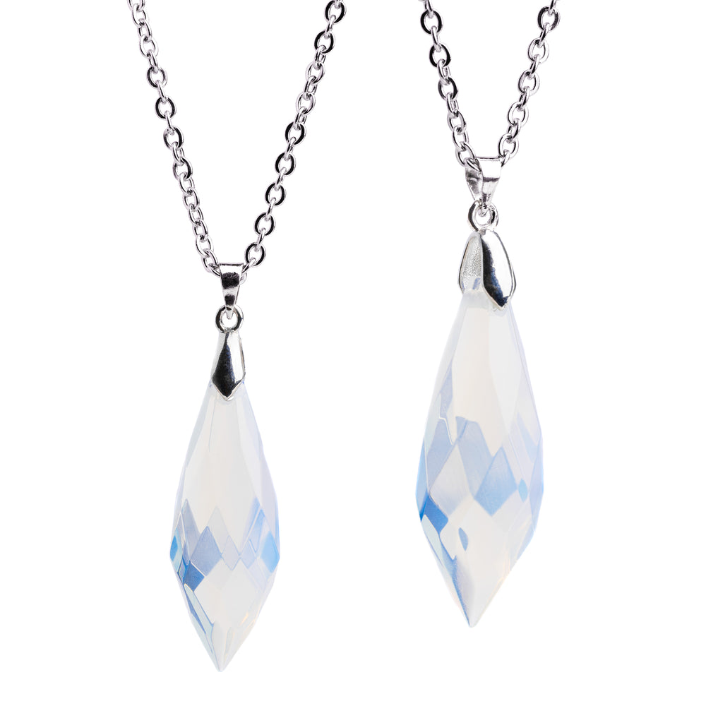 Two Silver & Opalite Wand Necklaces with faceted teardrop pendants on a silver chain, displayed against a white background.