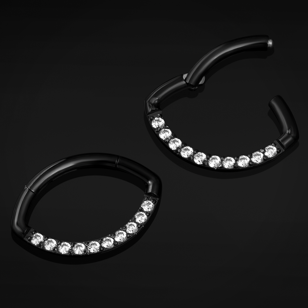 Oval Septum Clicker, Black, Clear Jewelled, Titanium, 1.2mm - Eye Shaped Septum Ring with Gems for Piercings - 8mm/10mm