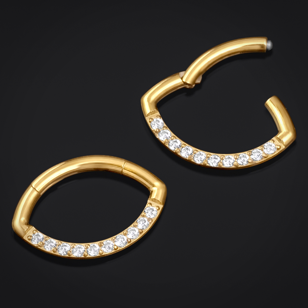 Oval Septum Clicker, Gold, Clear Jewelled, Titanium, 1.2mm - Eye Shaped Septum Ring with Gems for Piercings - 8mm/10mm