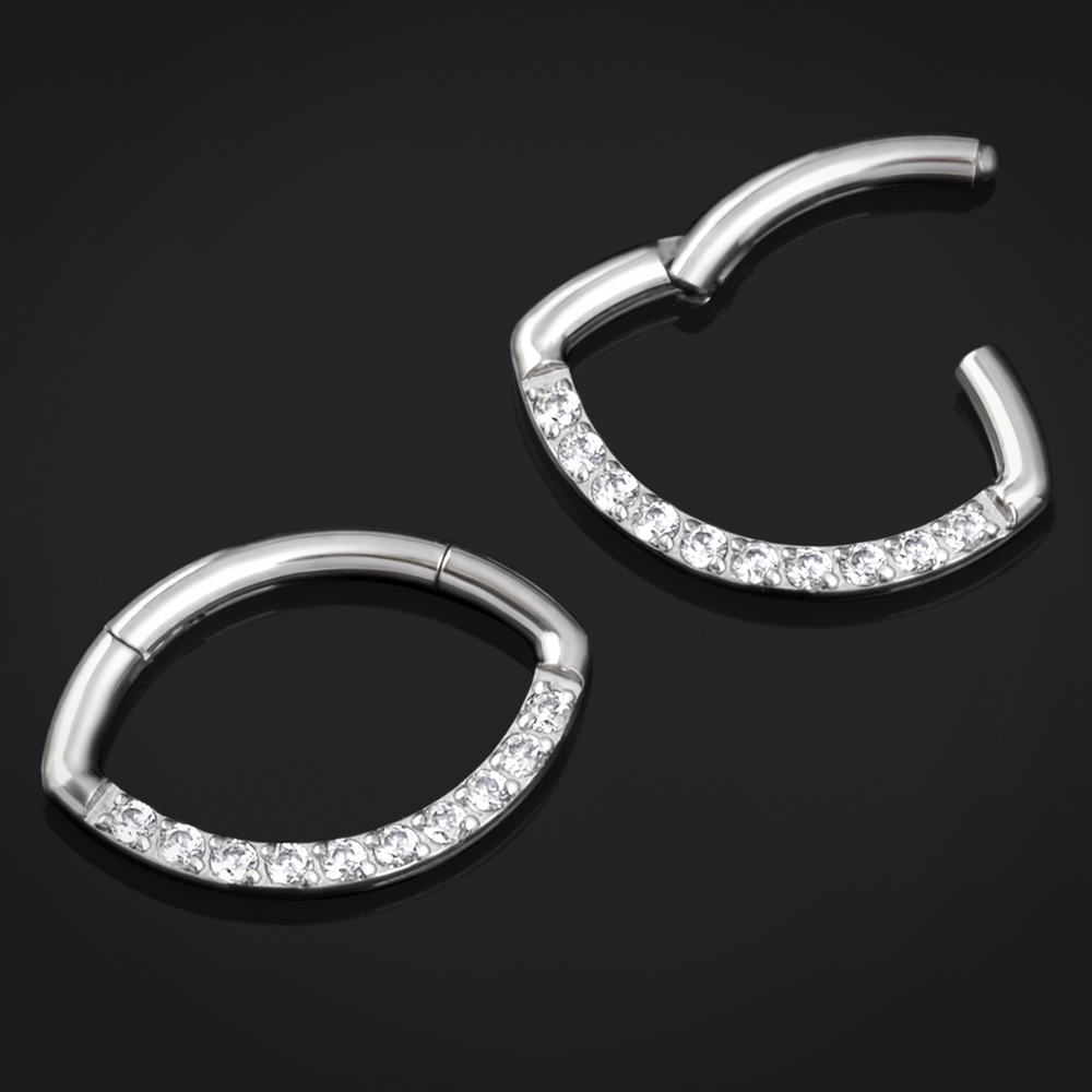 Oval Septum Clicker, Silver, Clear Jewelled, Titanium, 1.2mm - Eye Shaped Septum Ring with Gems for Piercings - 8mm/10mm