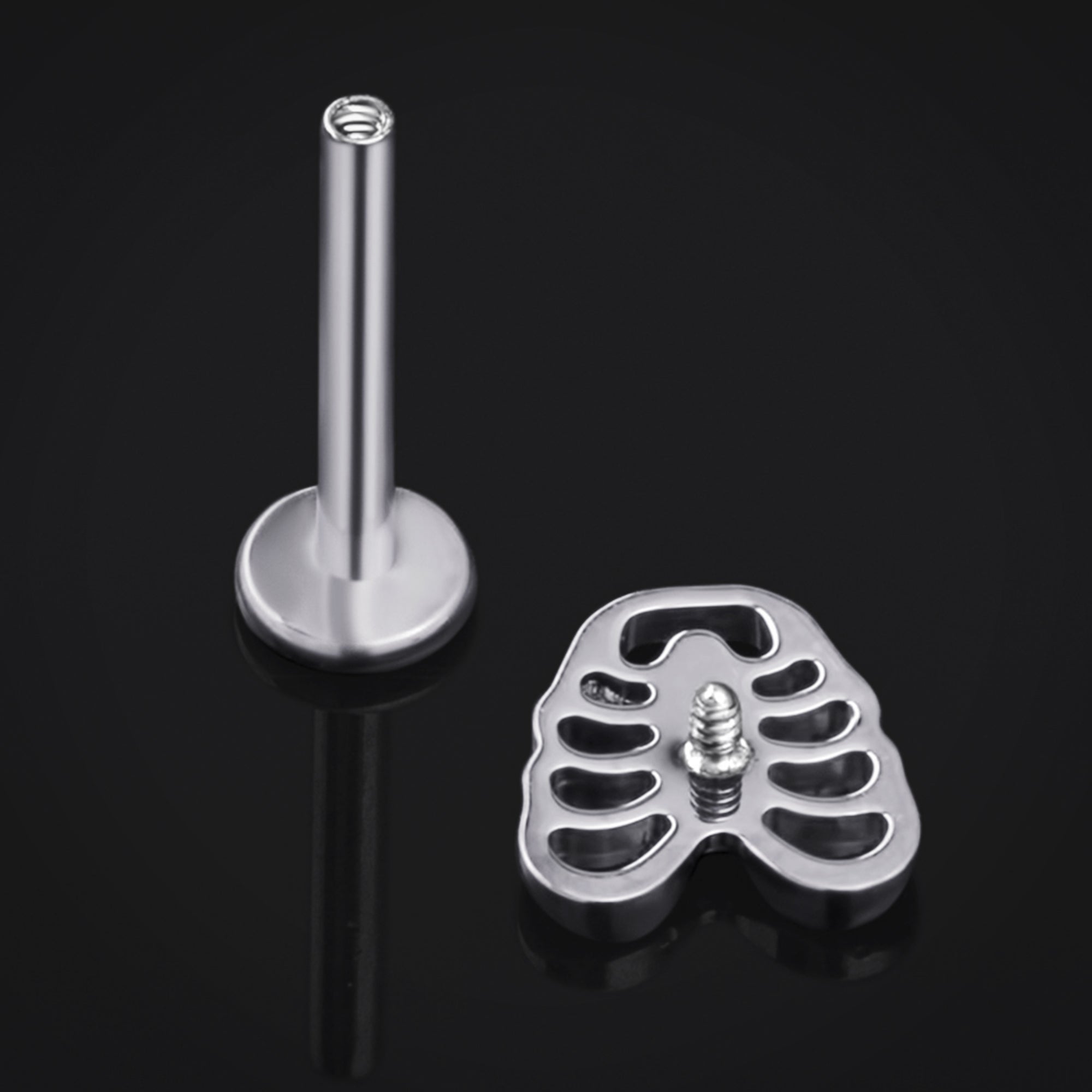 Silver Ribcage Internally Threaded Titanium Labret Stud 1.2mm Gauge