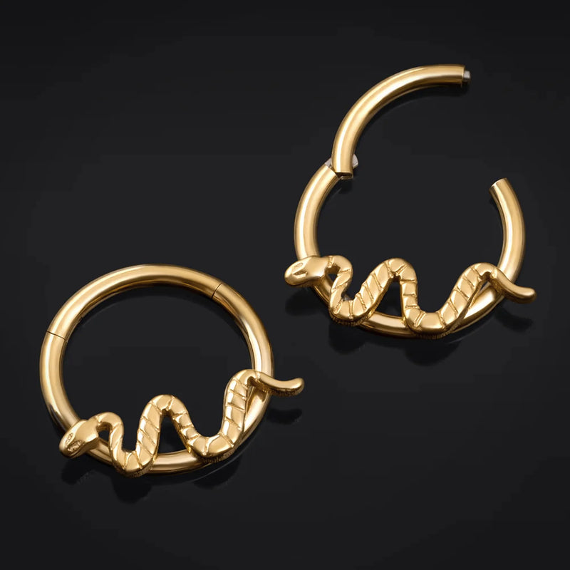 Anneau clicker pour septum, doré, serpent, titane ASTM F136