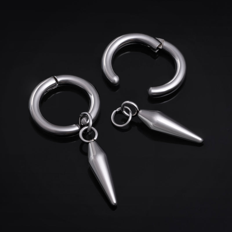 Boucles d'oreilles à clip, argentées, créoles avec pendentif pointe, acier inoxydable - paire
