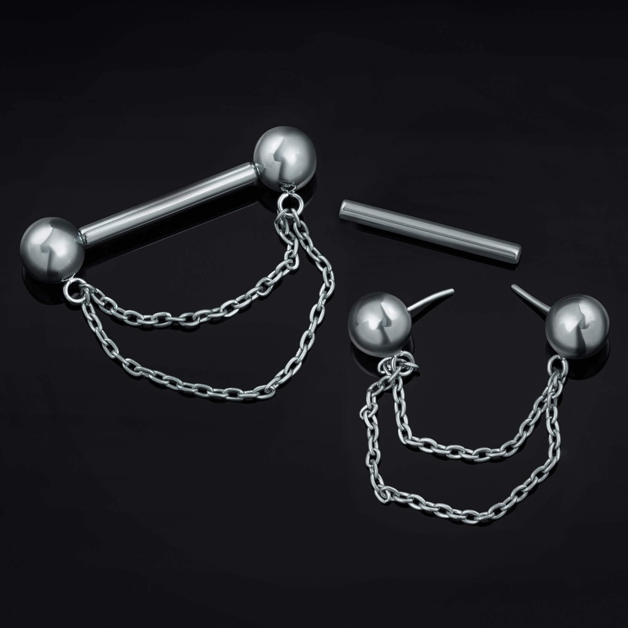 Nipple Barbell, Silver, Double Chain, Titanium, Threadless, 1.6mm