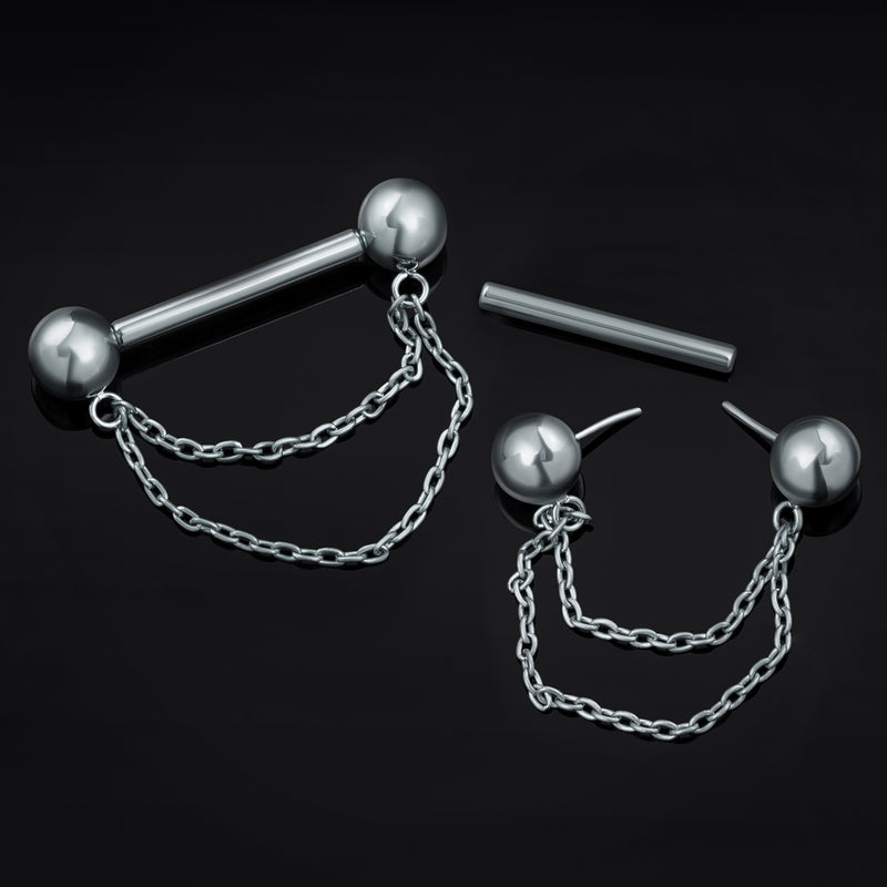 Nipple Barbell, Silver, Double Chain, Titanium, Threadless, 1.6mm