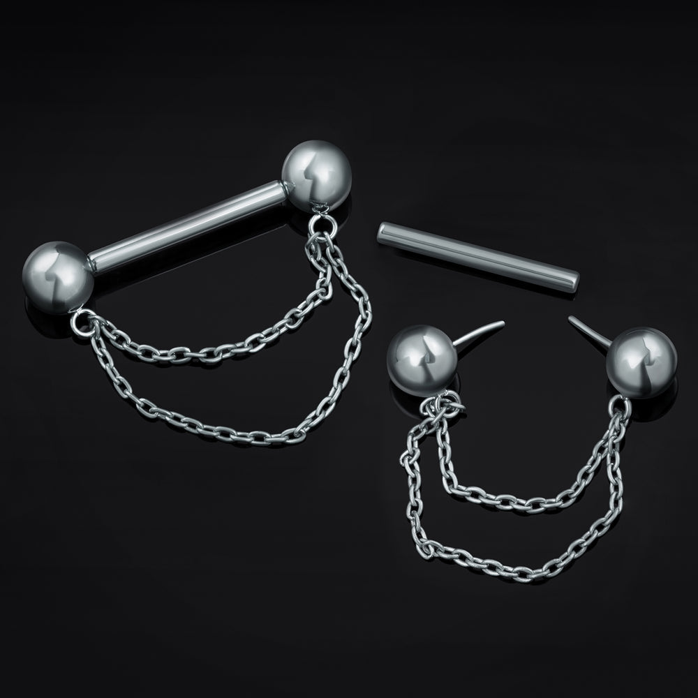 Titanium Threadless Silver Double Chain Nipple Bar 1.6mm - Titanium Threadless Silver Double Chain Nipple Bar 1.6mm / Alternative Jewellery / Threadless Piercings