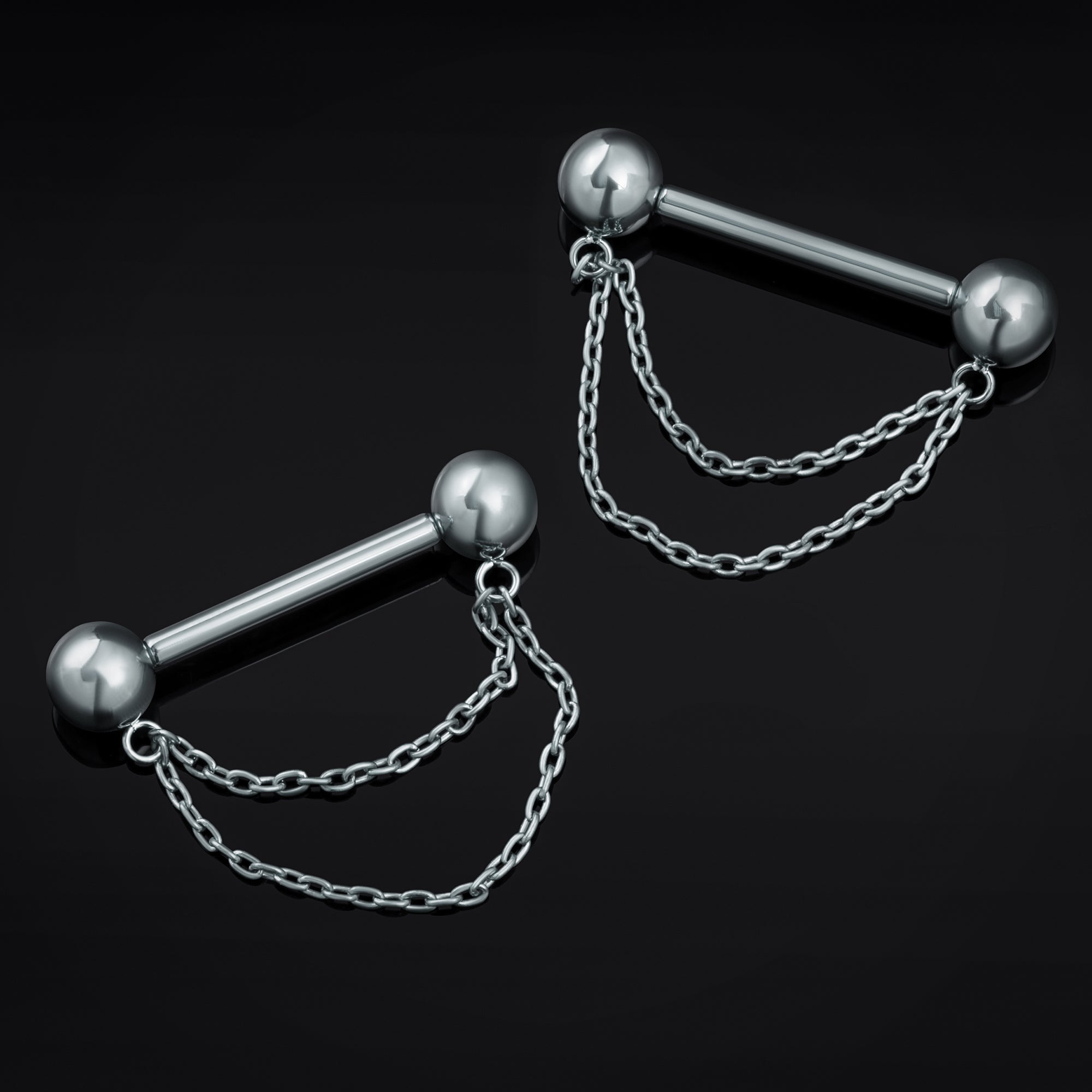Nipple Barbell, Silver, Double Chain, Titanium, Threadless, 1.6mm