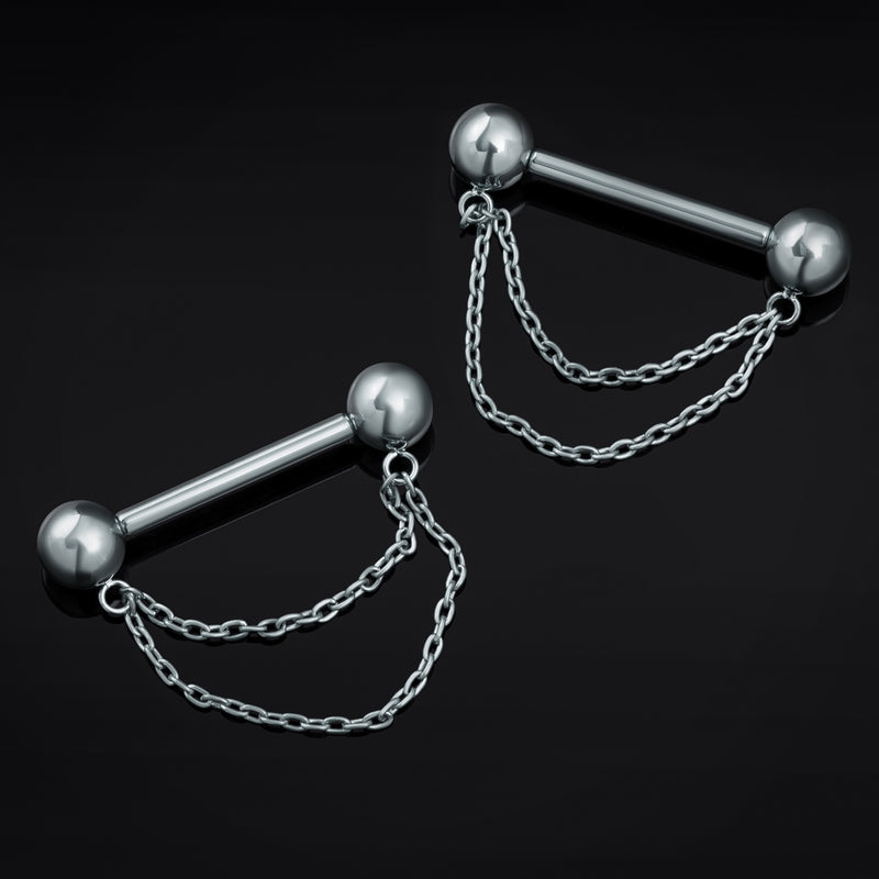 Nipple Barbell, Silver, Double Chain, Titanium, Threadless, 1.6mm