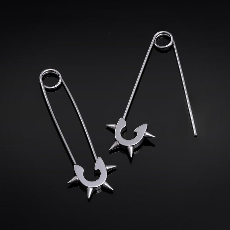 Boucles d'oreilles épingle de sûreté, argentées, à pointes, en acier inoxydable - paire