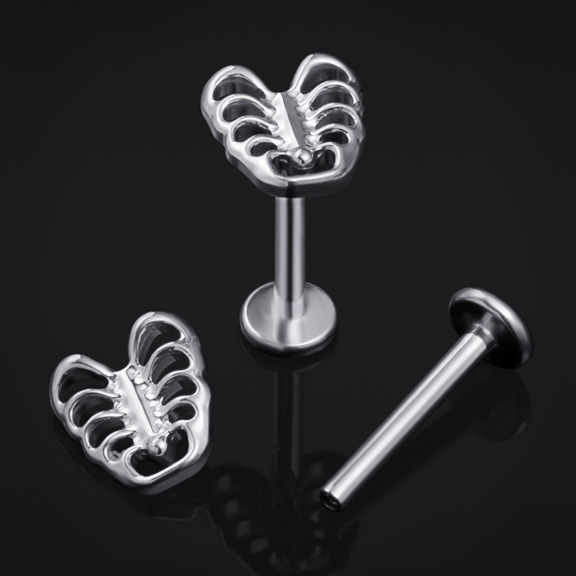 Silver Ribcage Internally Threaded Titanium Labret Stud 1.2mm Gauge