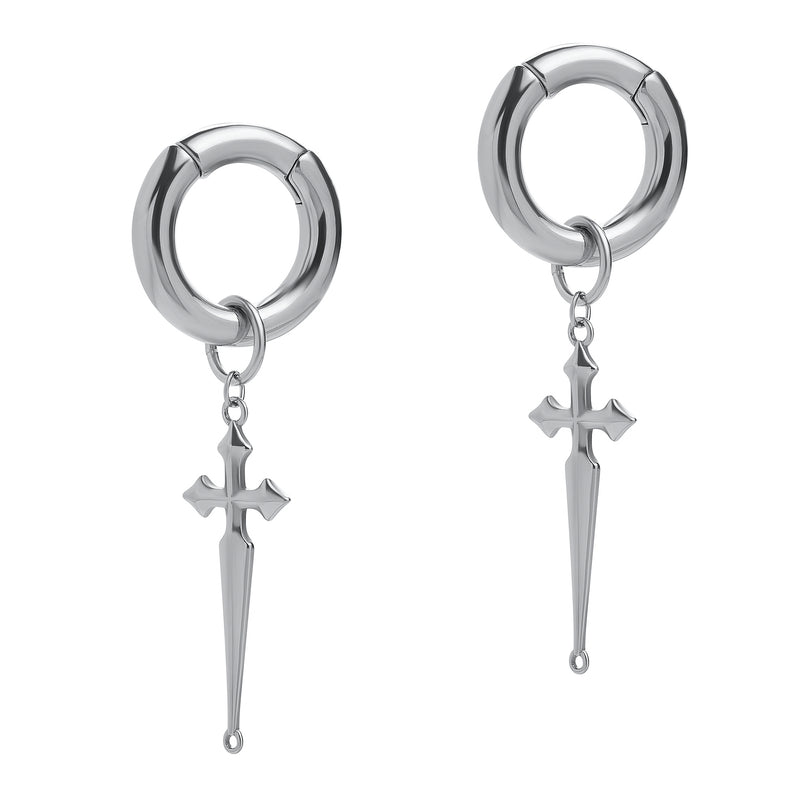 Silver Steel Cross Dangle Hoop Ear Hangers - Pair