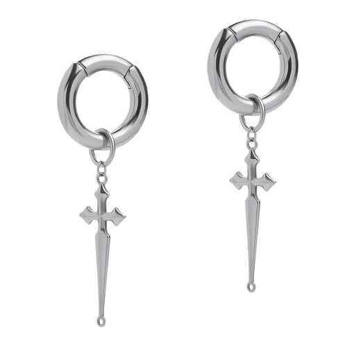 Silver Steel Cross Dangle Hoop Earring Hangers (Pair)