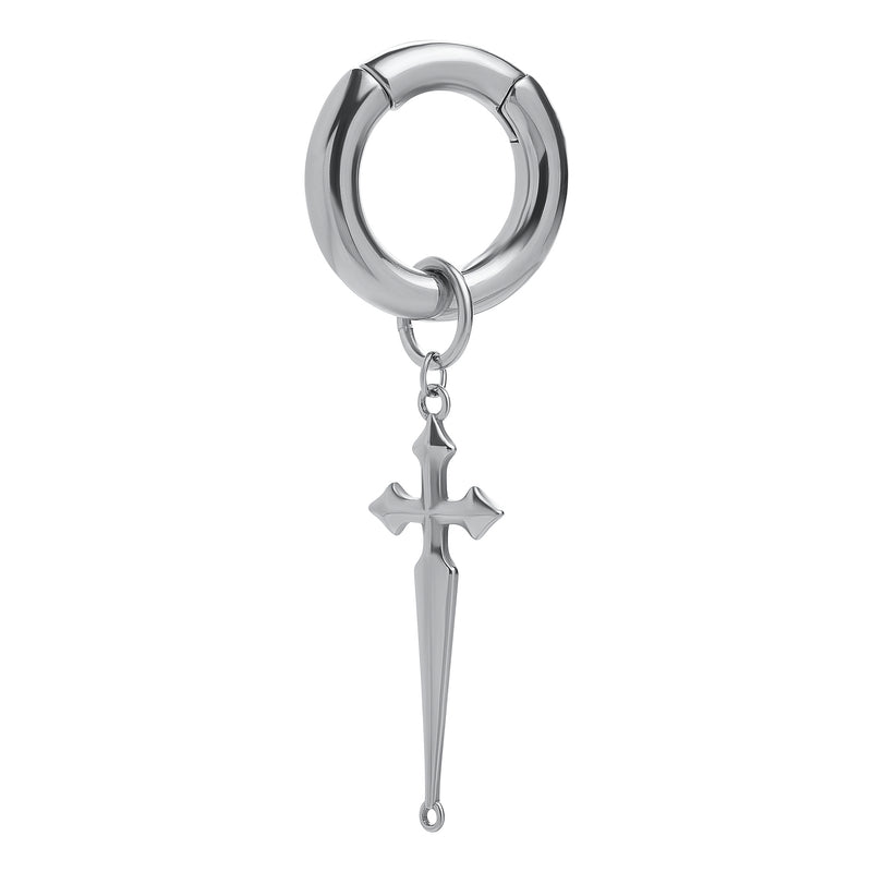 Silver Steel Cross Dangle Hoop Ear Hangers - Pair