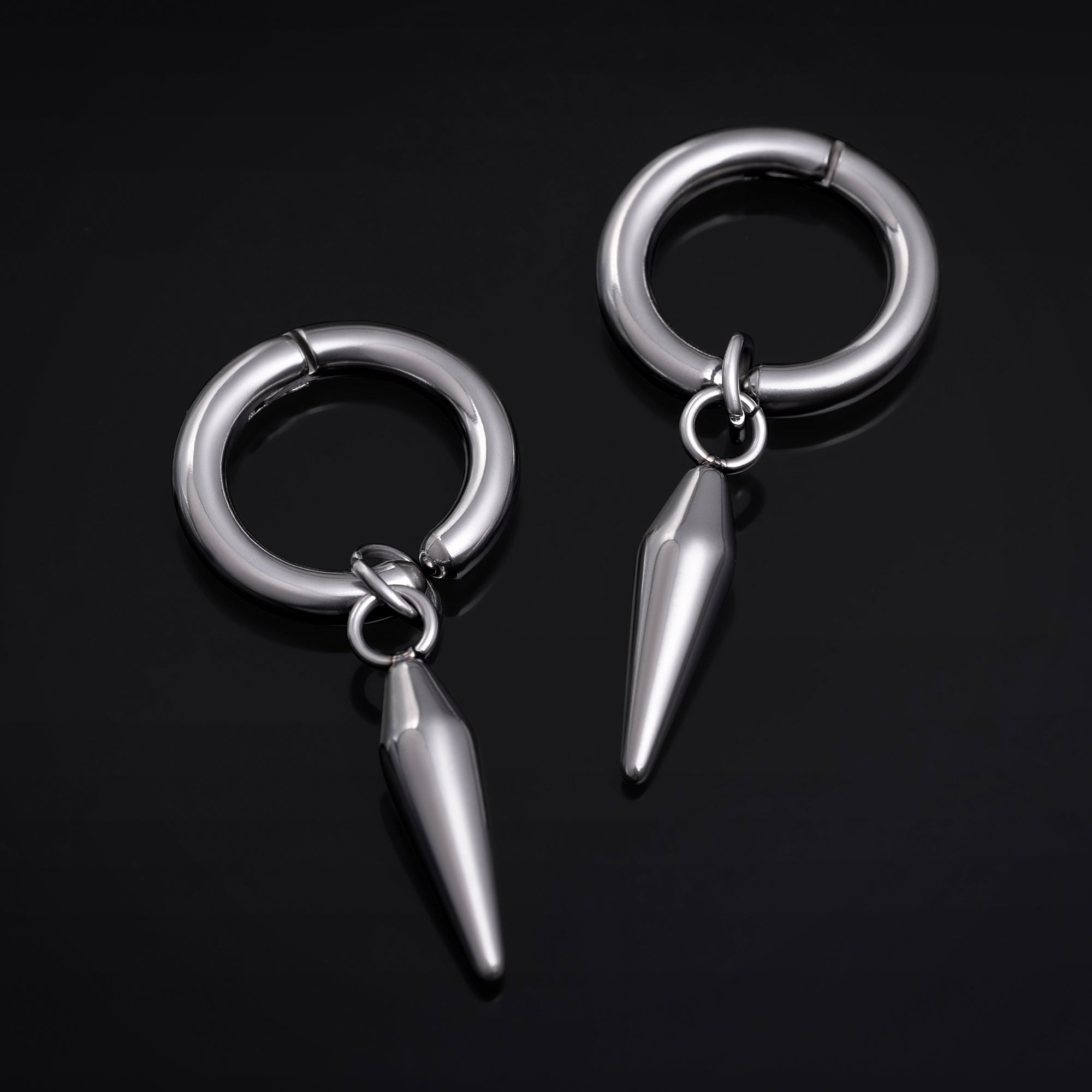 Clip on Earrings, Silver, Hoop with Spike Dangle, Stainless Steel - Pair