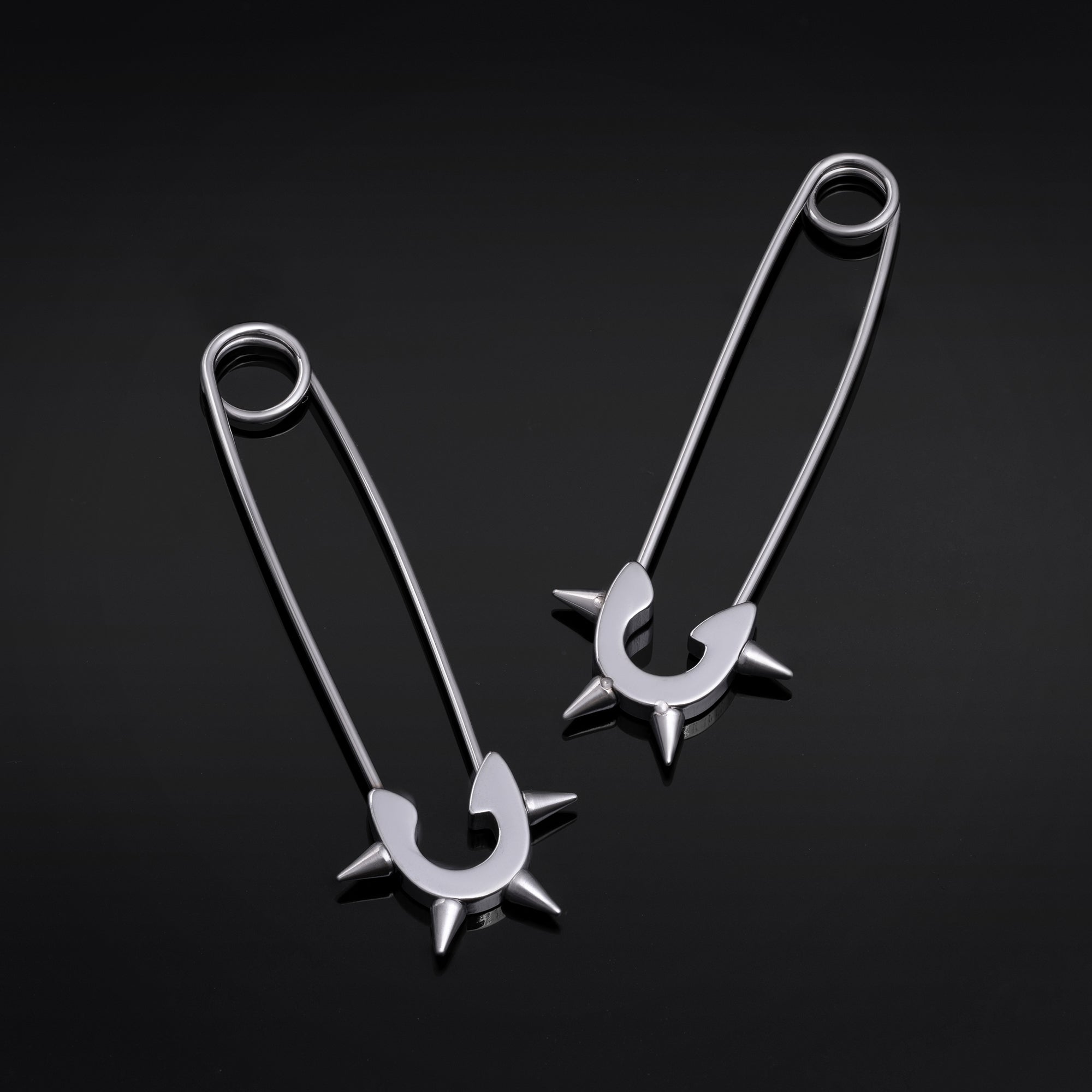 Safety Pin Earrings, Silver, Spiked, Stainless Steel - Pair