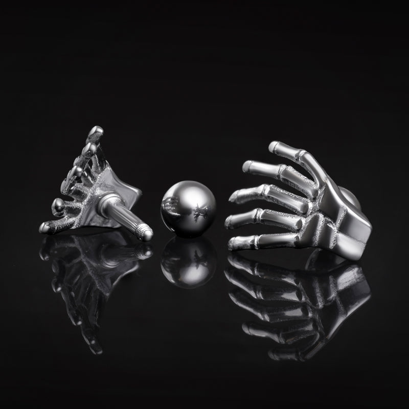Boucles d'oreilles puces, argent, mains squelettiques, acier inoxydable 316L - paire